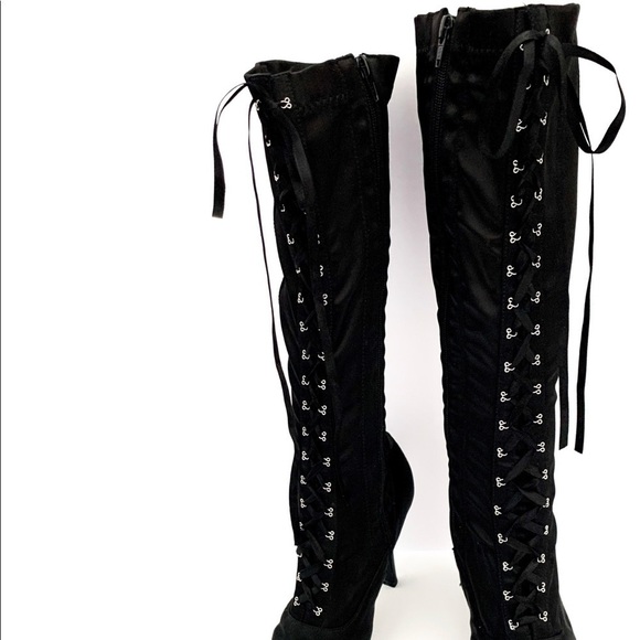 Black Satin Corset Lace-up Heeled Boots Sidezip 8 - Picture 2 of 15